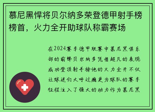 慕尼黑悍将贝尔纳多荣登德甲射手榜榜首，火力全开助球队称霸赛场