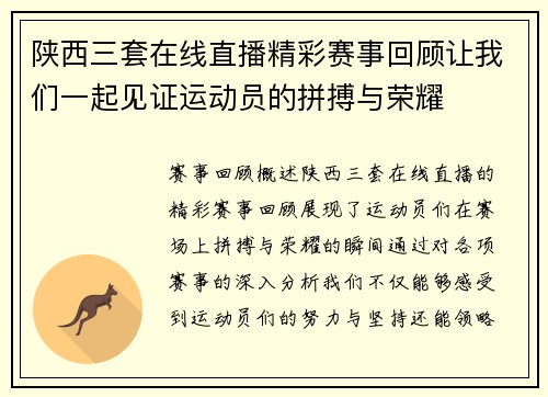 陕西三套在线直播精彩赛事回顾让我们一起见证运动员的拼搏与荣耀